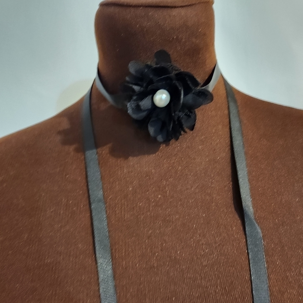 Hand Crafted Floral Choker Necklace Ribbon Choker Flower Black with White Bead
